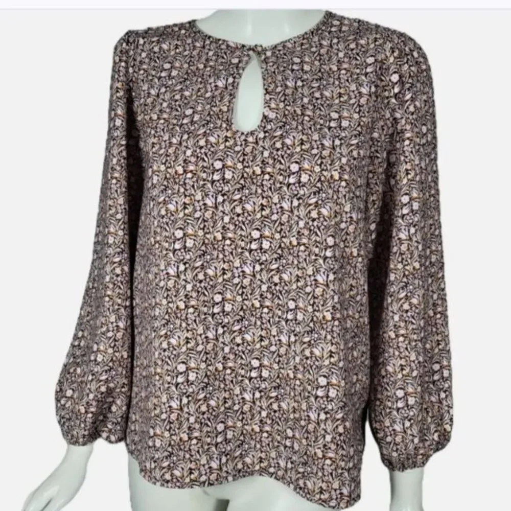 J. Crew Women's M Top Brown Floral Print Keyhole Neck Blouse Shirt J.crew